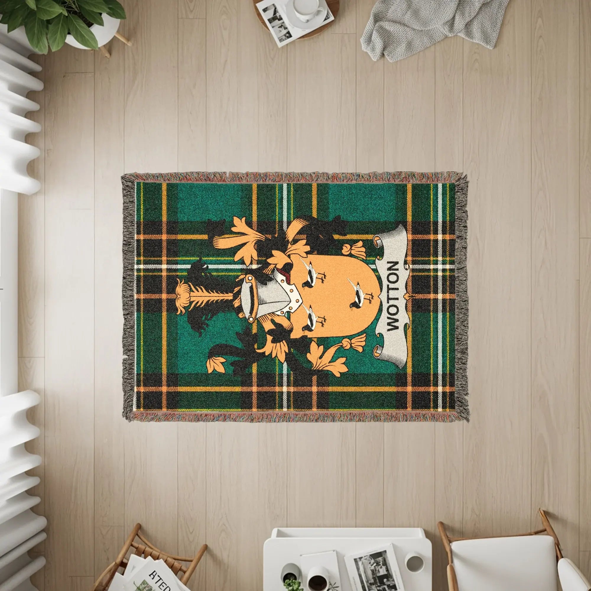Wotton tartan blanket with coat of arms.