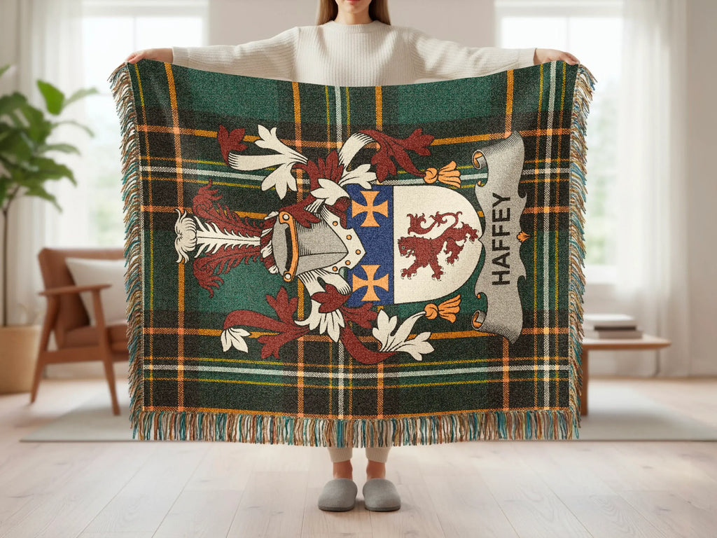 Tartan blanket with Ha ffey family crest displayed.