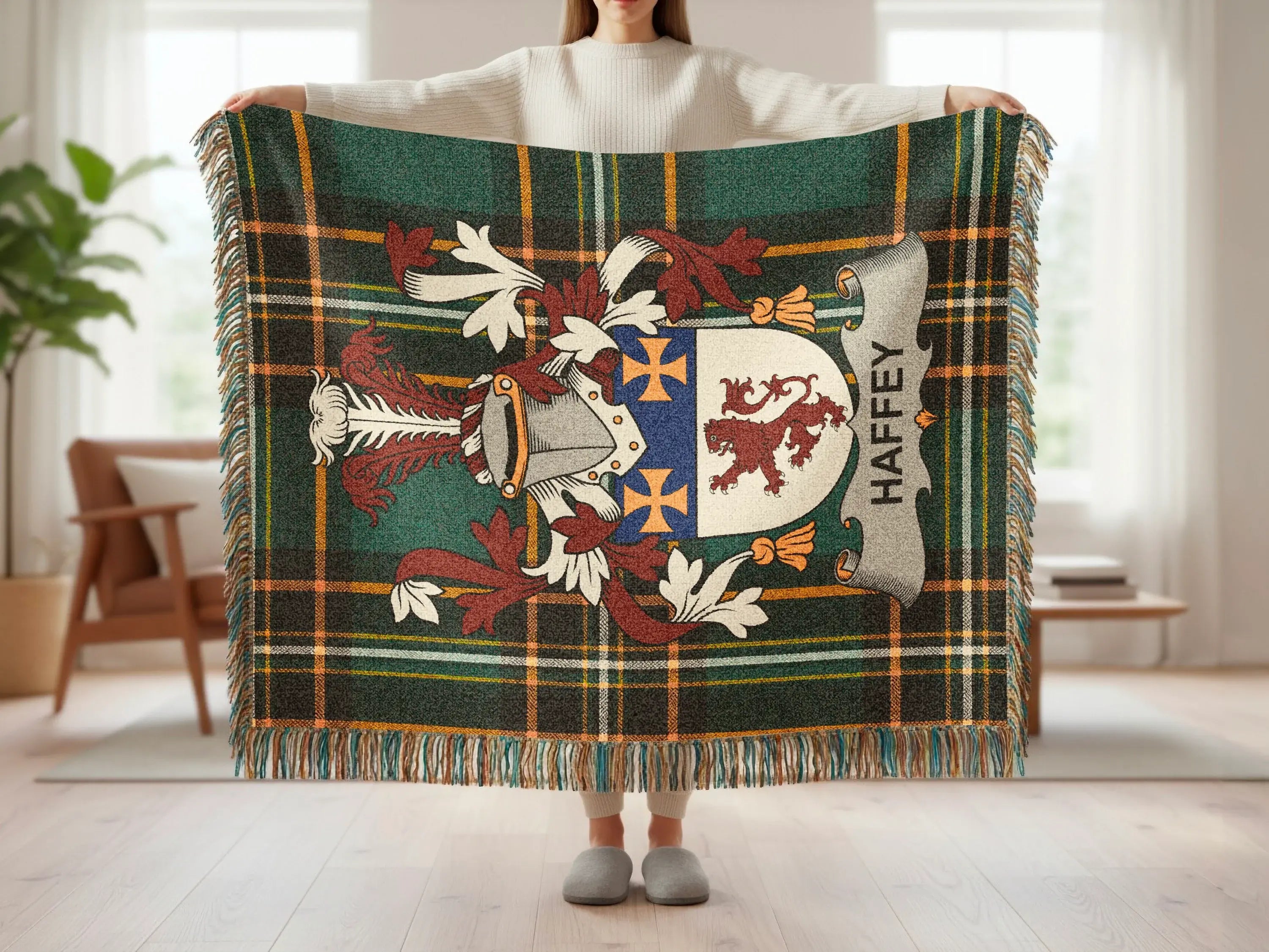 Tartan blanket with Ha ffey family crest displayed.