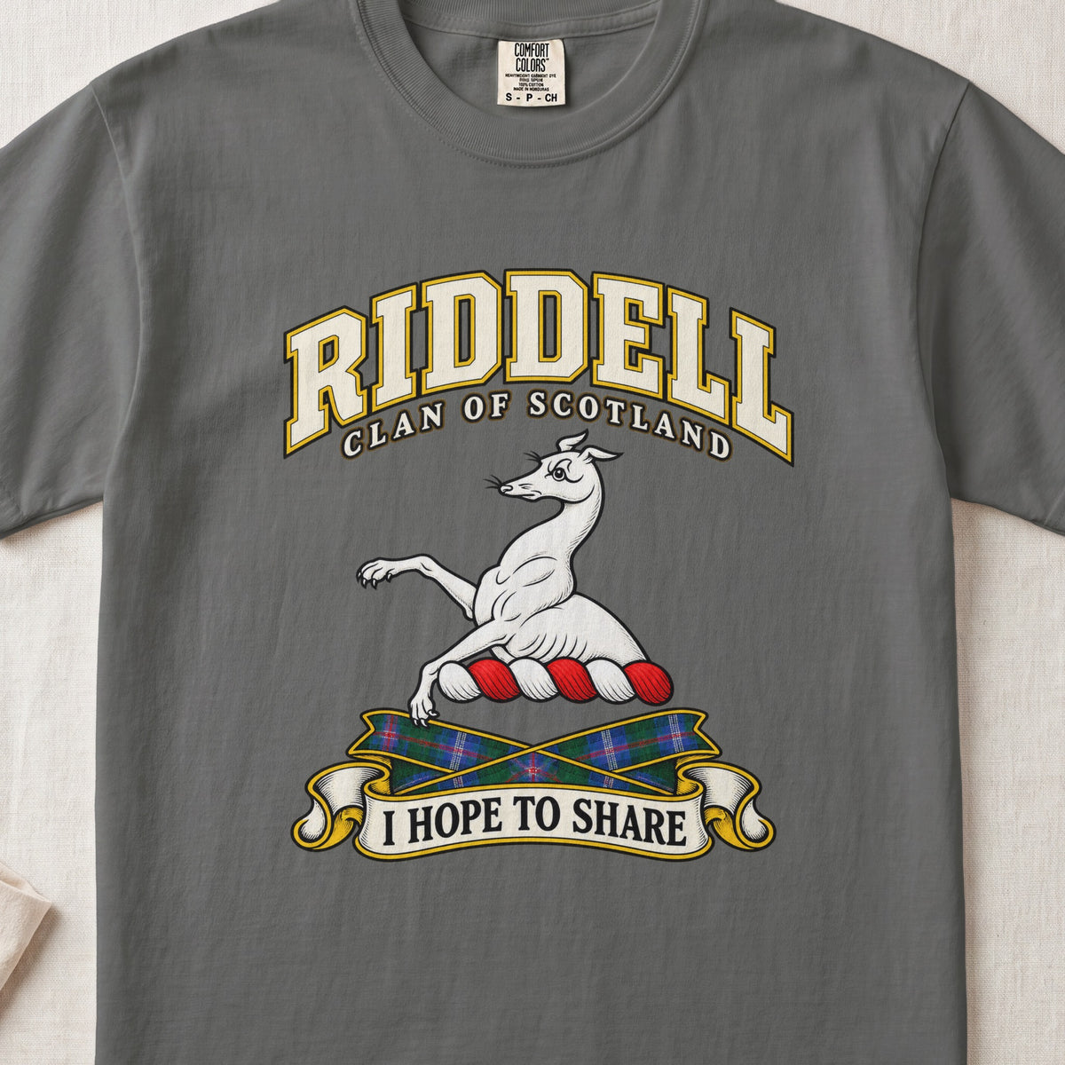 Riddell Scottish clan T-shirt in Pepper, front view with a white greyhound with raised forelegs and motto banner.