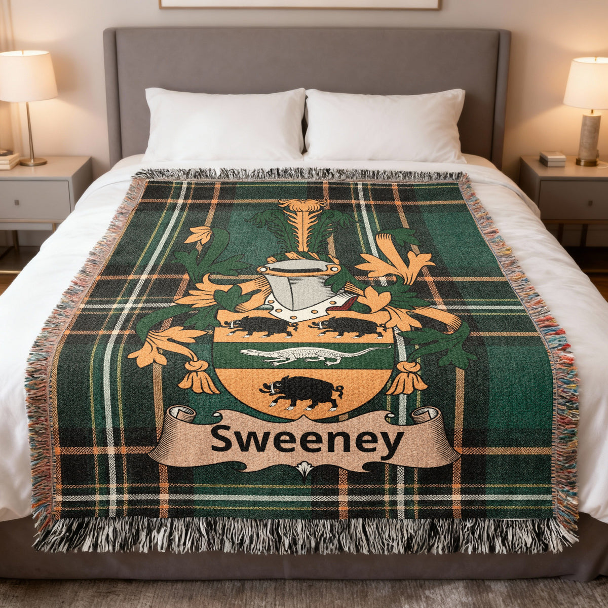 Sweeney Irish heritage woven blanket with family crest emblem