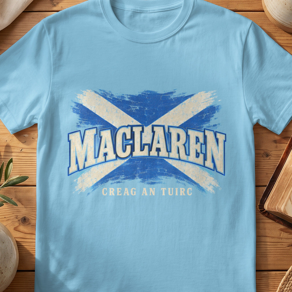 MacLaren Scottish Saltire T-shirt in Sky, with distressed blue and cream flag and “Creag an Tuirc” lettering.
