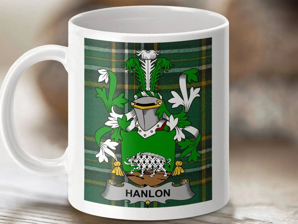 Hanlon Surname Family Crest Irish Tartan Mug - Celtic Ancestry Gifts