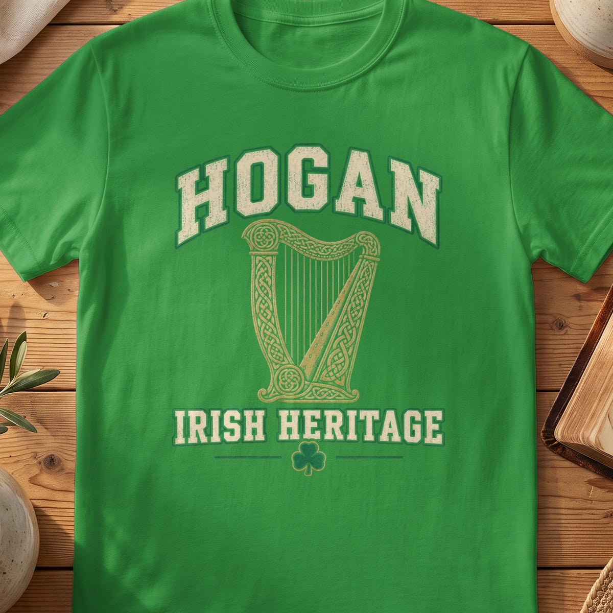 Hogan Irish Heritage green Gildan 64000 T-shirt with Celtic harp design