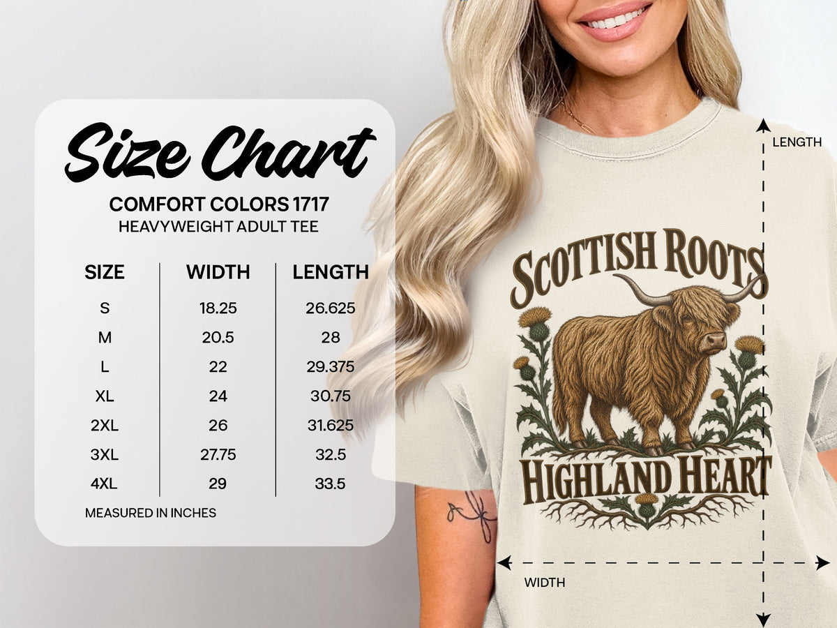 Comfort Colors 1717 size chart, S–4XL, for the Scottish Roots, Highland Heart Highland cow T-shirt