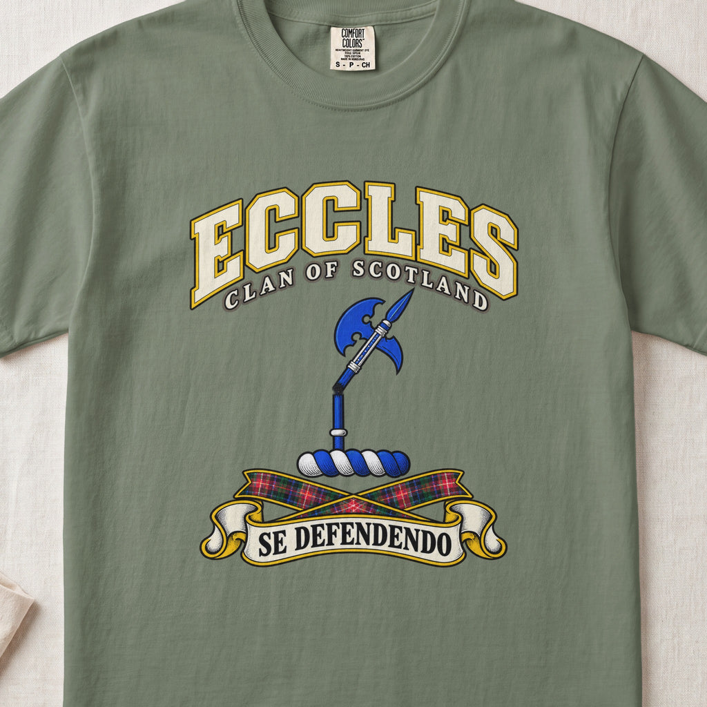 Eccles Scottish clan T-shirt in Moss, front view with a blue halberd and motto design.