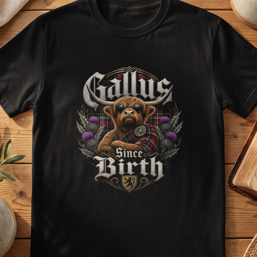 Black Gildan 64000 unisex T-shirt flatlay with Gallus Since Birth Scottish graphic design