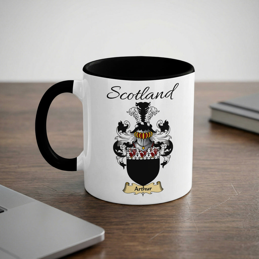 Arthur Scottish family crest accent mug with Scotland lettering and coat of arms artwork