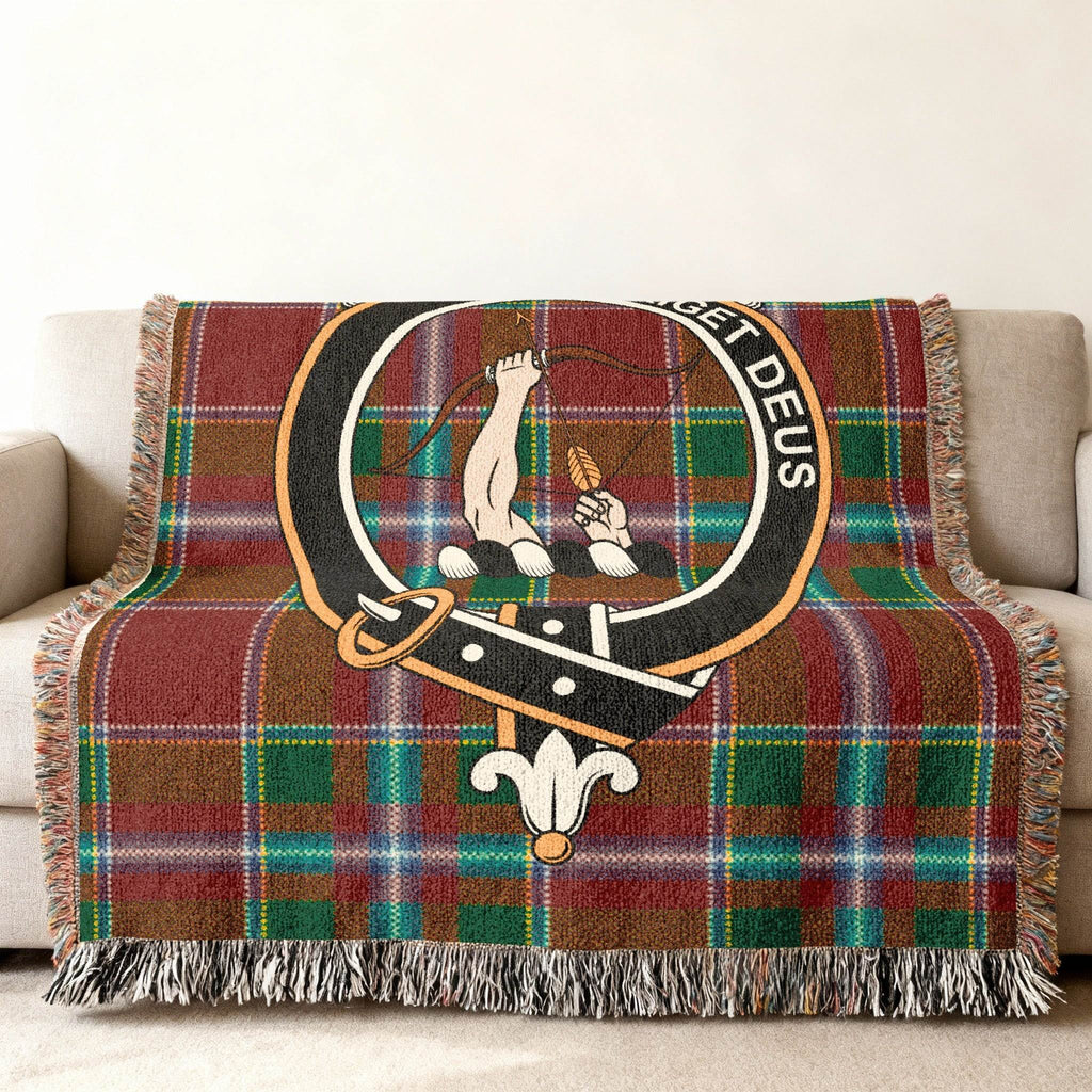 Butter clan crest highland tartan woven blanket — fringe edge detail