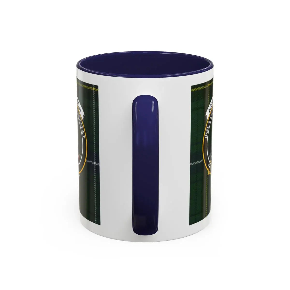 Henderson clan tartan mug with crest design — classic plaid on 11oz ceramic