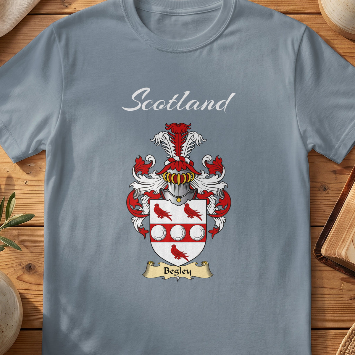 Begley Scottish family shield T-shirt in Stone Blue