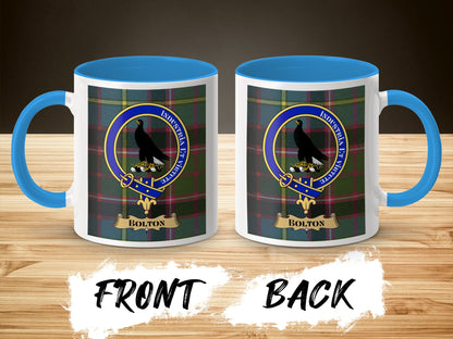 Clan Bolton Crest Badge with Tartan Background Mug - Living Stone Gifts