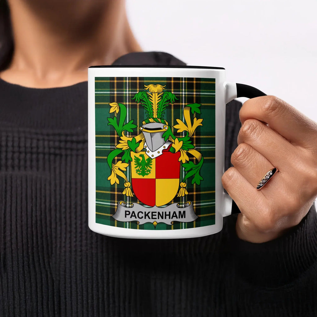 Packenham black accent mug with Irish National Tartan crest design