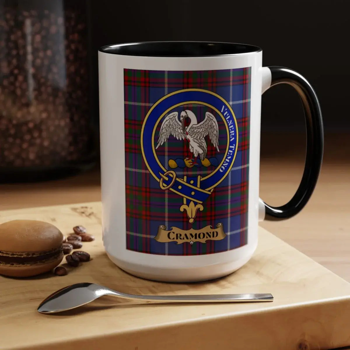 Close-up of the Cramond clan crest printed on a ceramic mug