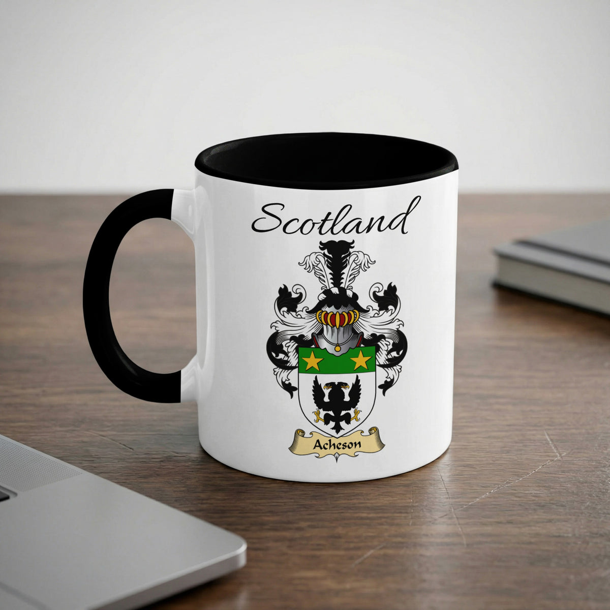 Acheson Scottish family crest accent mug with Scotland lettering and coat of arms artwork