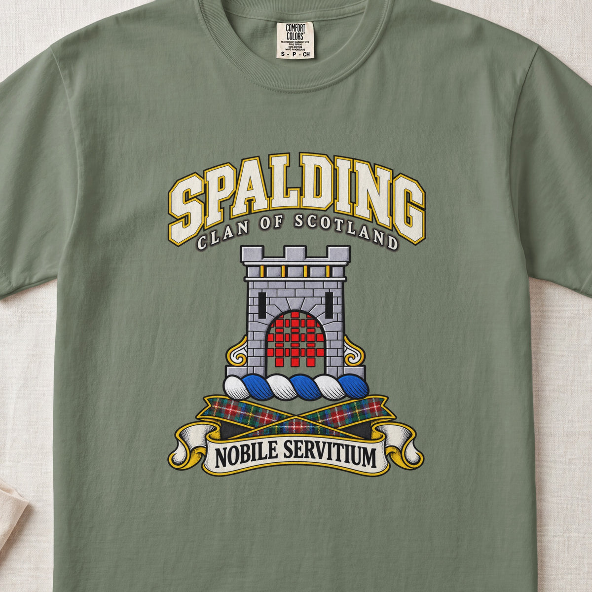 Spalding Scottish clan T-shirt in Moss, front view with a stone tower with a red gateway and motto design.