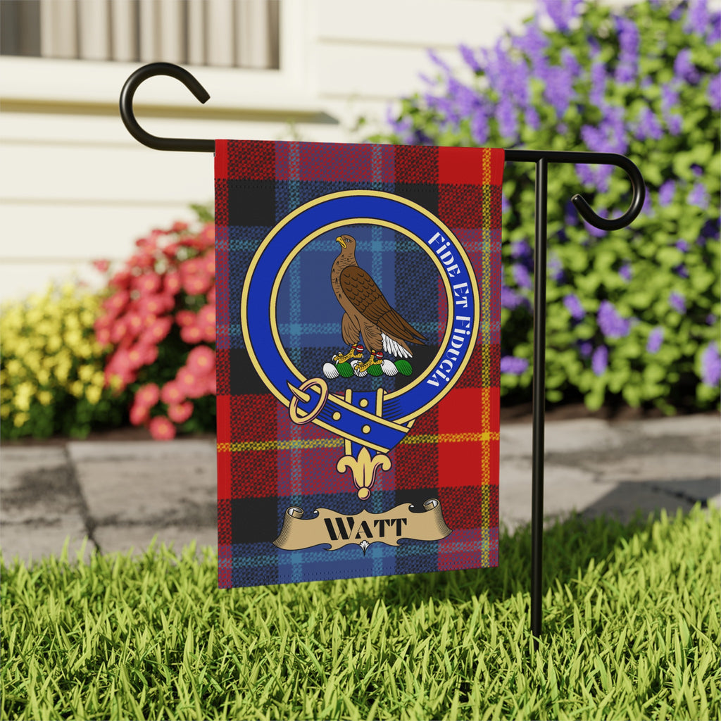 Watt clan tartan garden flag on a garden stand — outdoor display