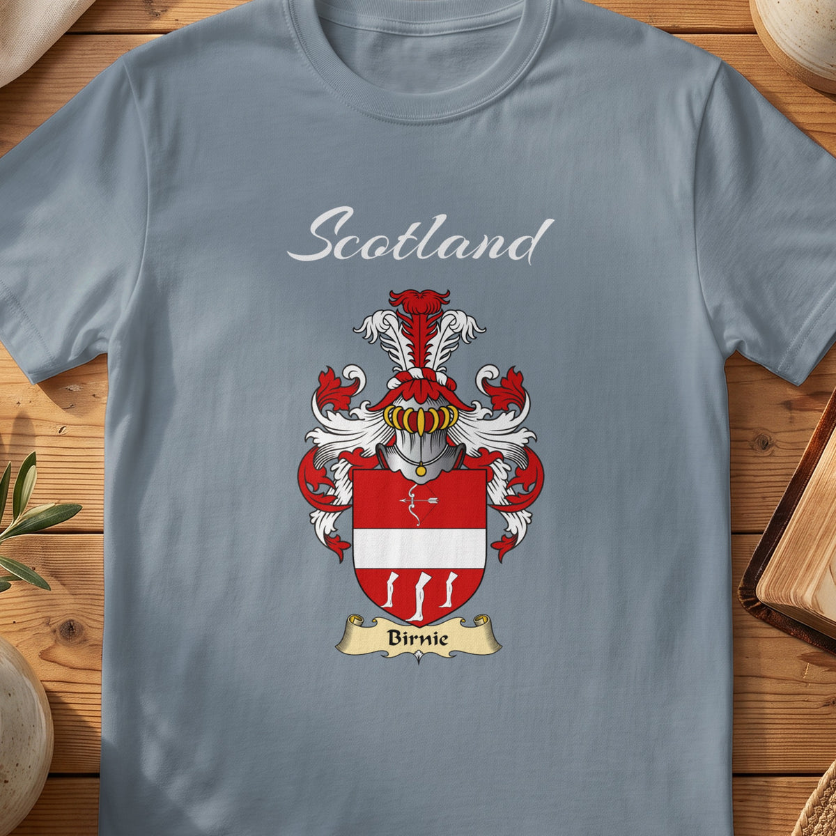 Birnie Scottish family shield T-shirt in Stone Blue