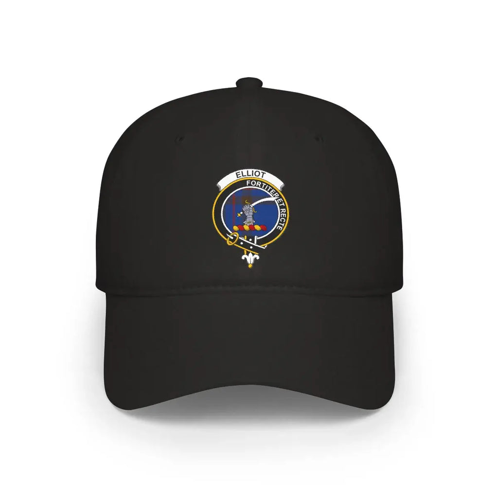 Elliot clan crest tartan cap — Fortiter Et Recte design on cotton, front view