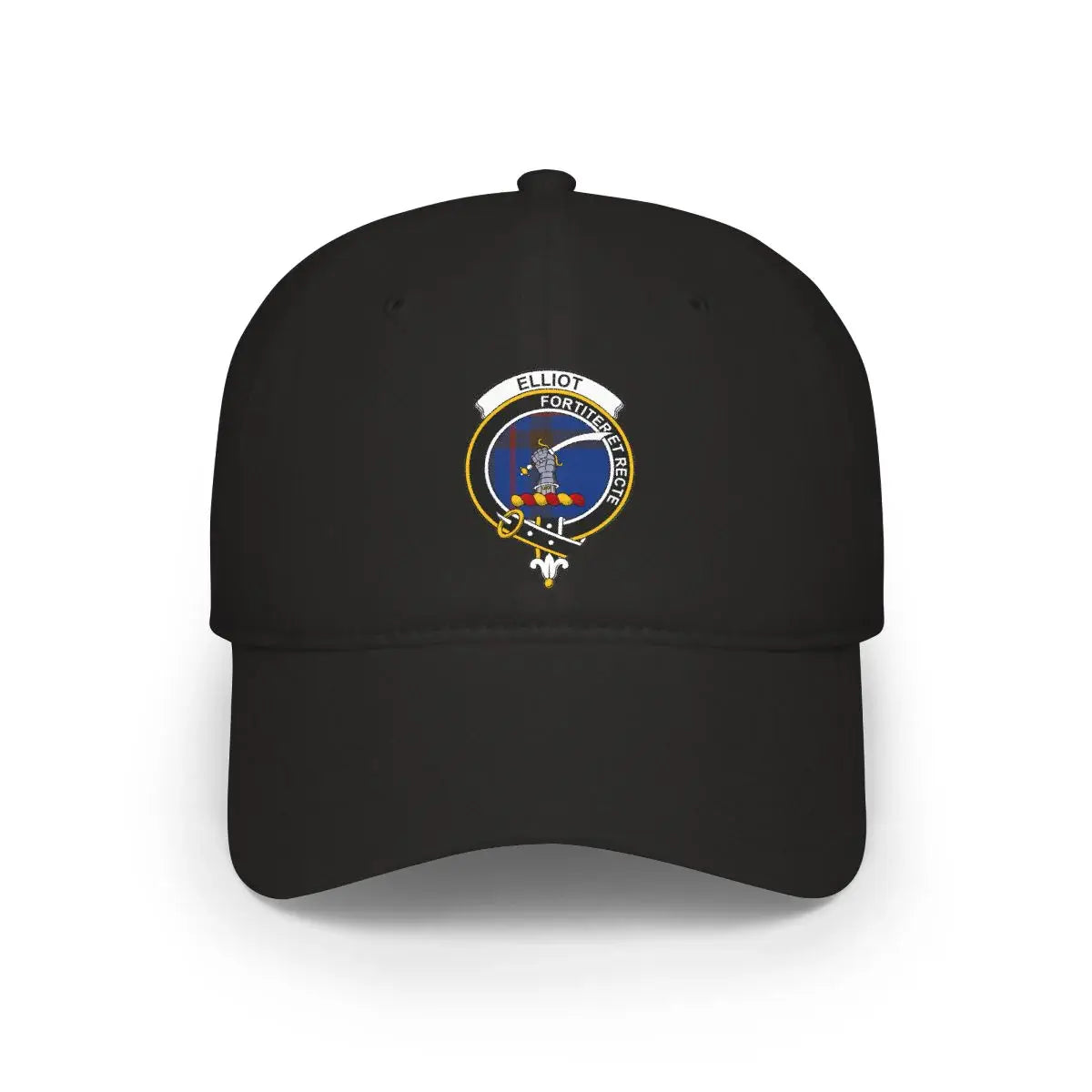 Elliot clan crest tartan cap — Fortiter Et Recte design on cotton, front view