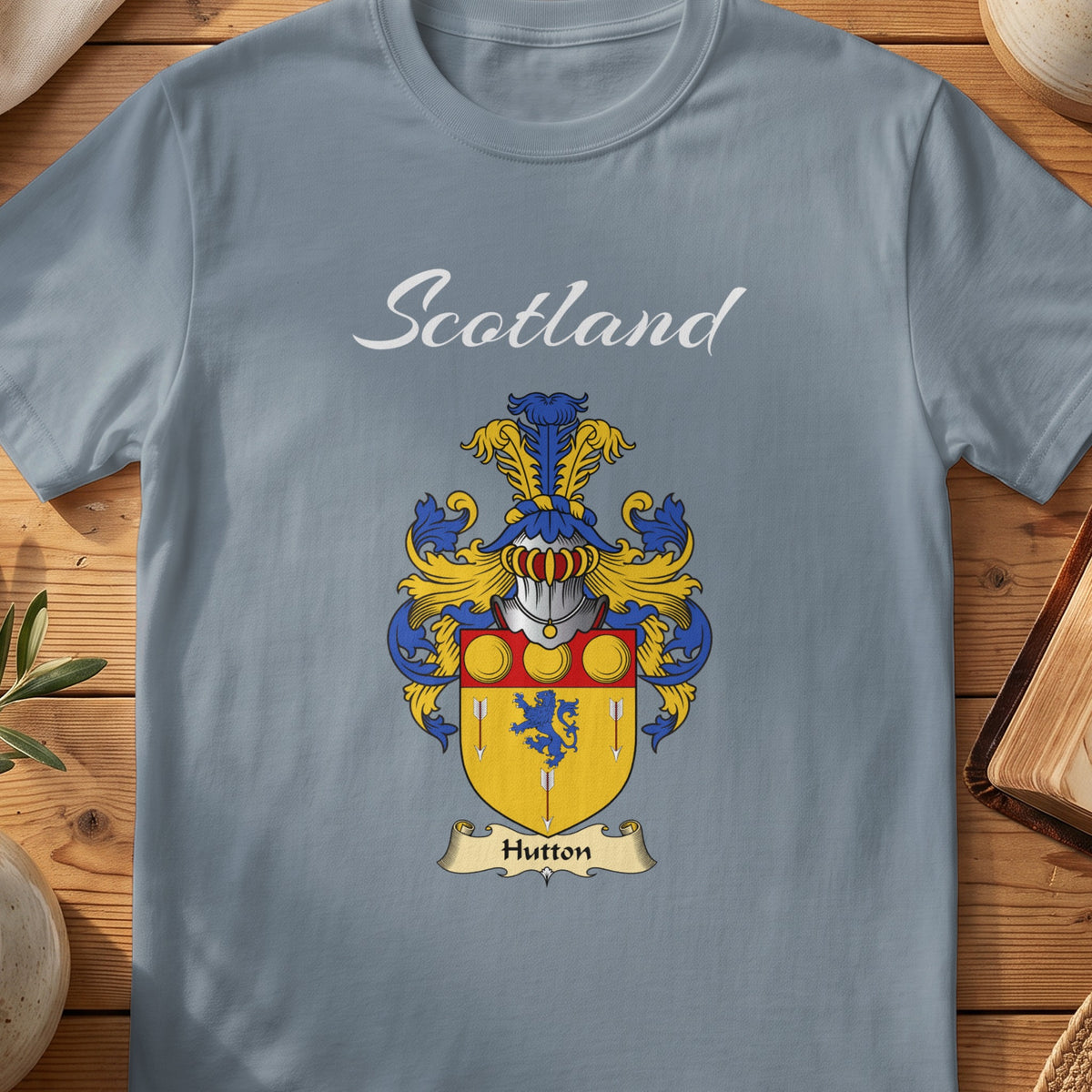 Hutton Scottish family shield T-shirt in Stone Blue