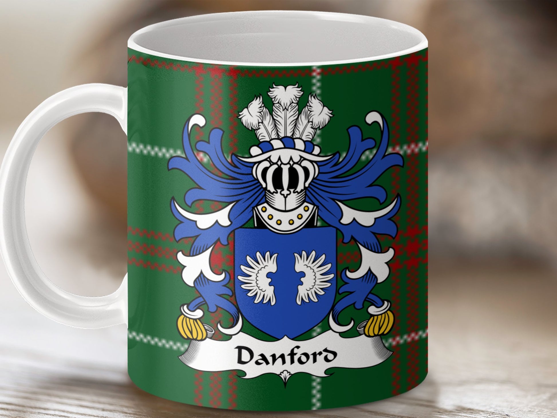 Danford Surname Coat of Arms on Welsh Tartan Mug - Living Stone Gifts