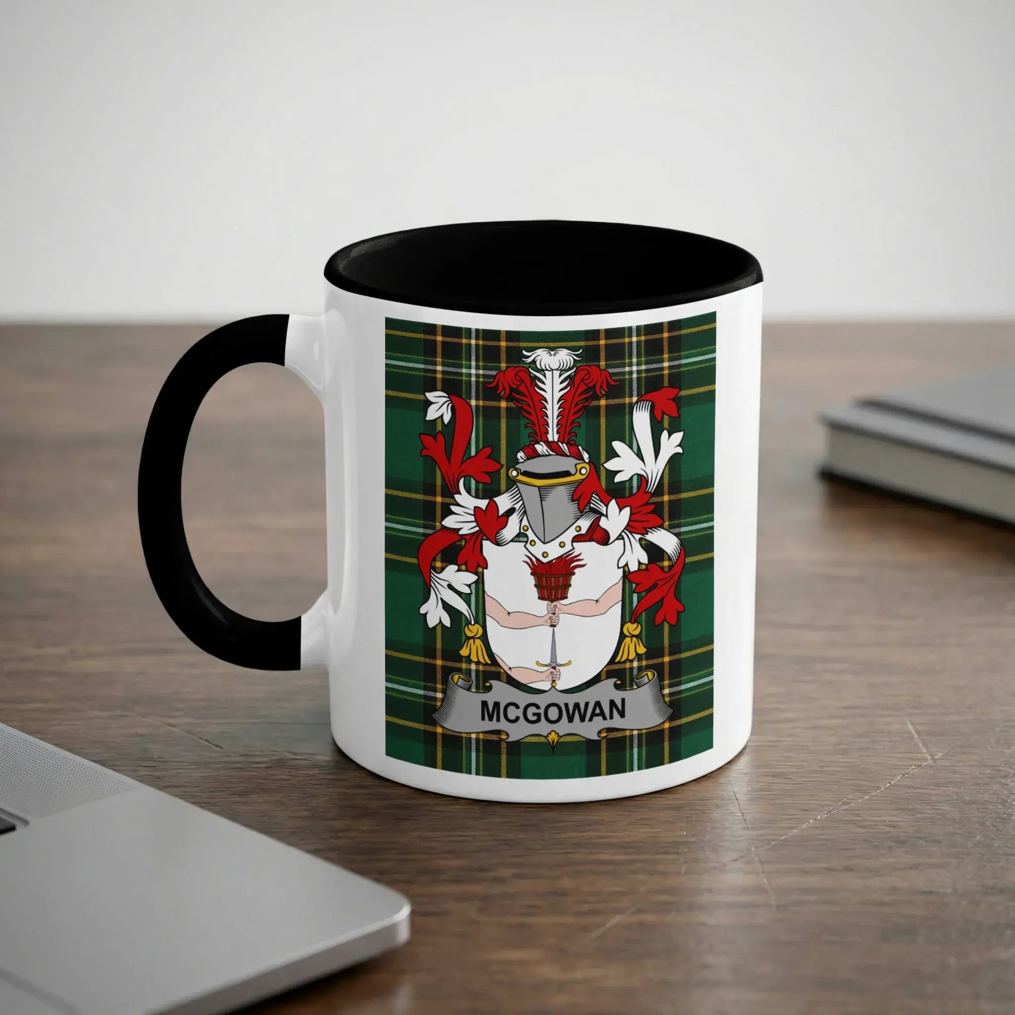 McGowan Irish heritage mug with black handle and family crest