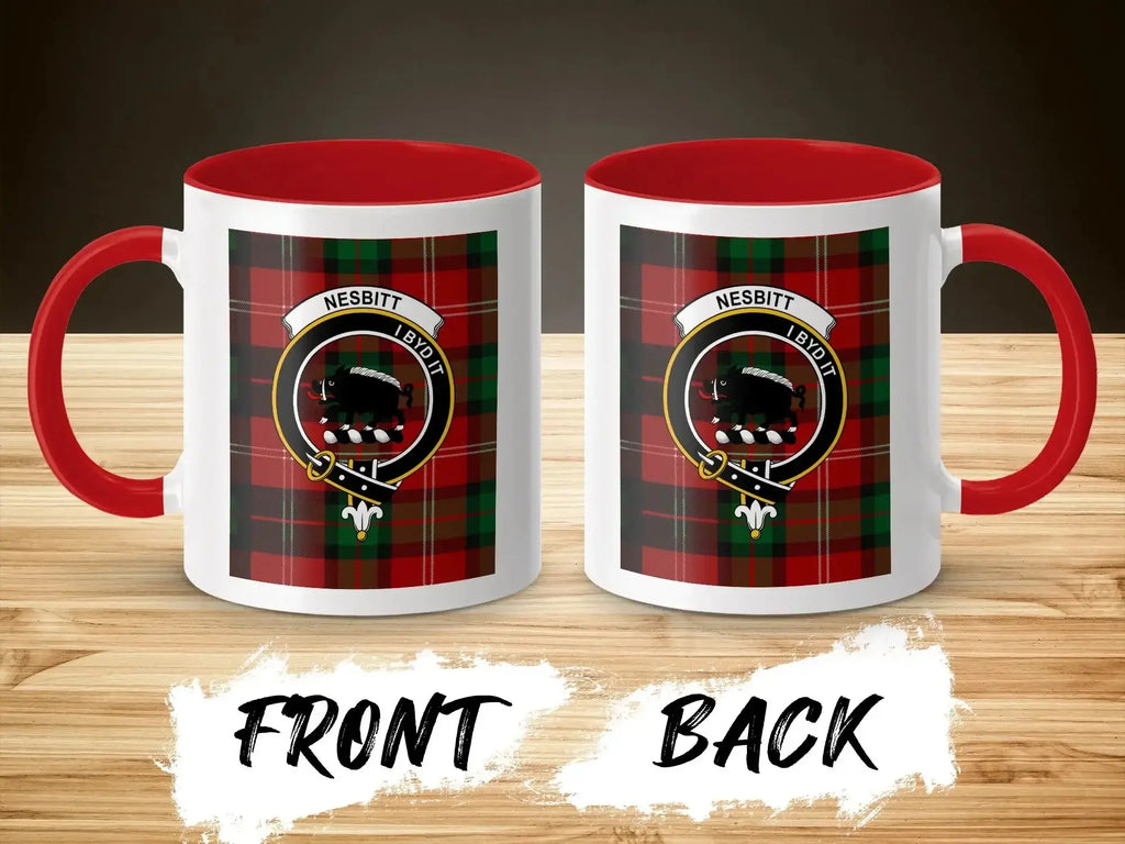 Nesbitt tartan-background crest mug shown as a Scottish heritage gift