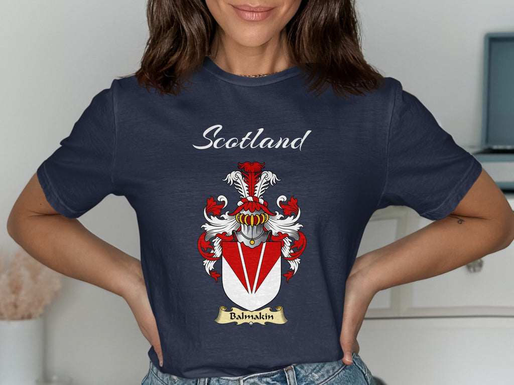 Balmakin Scottish family shield design on Navy T-shirt