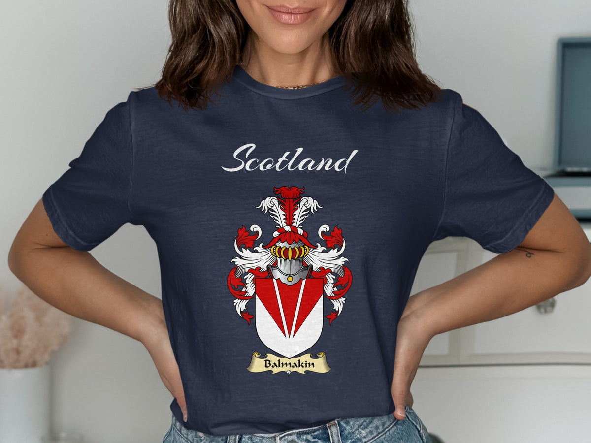 Balmakin Scottish family shield design on Navy T-shirt