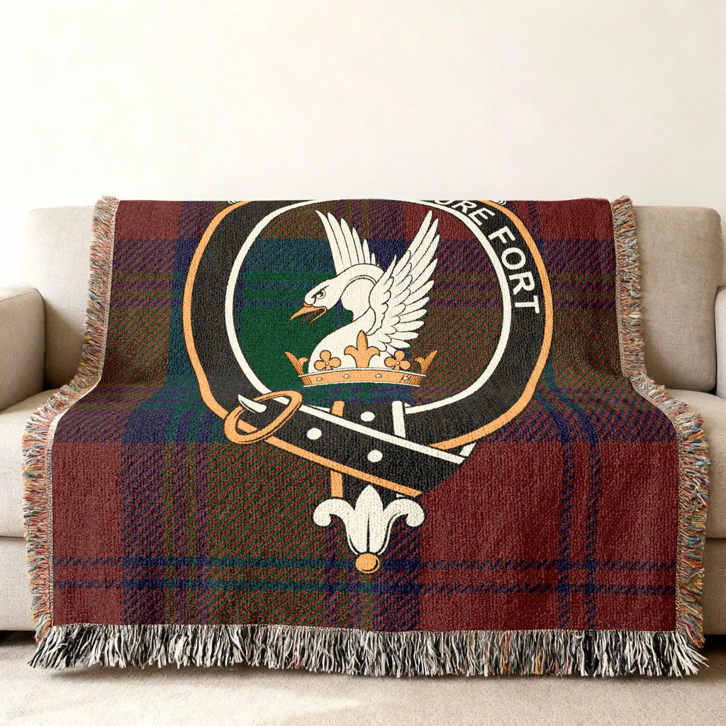 Lindsay clan crest tartan throw blanket with eagle and crown design — woven fringe edges