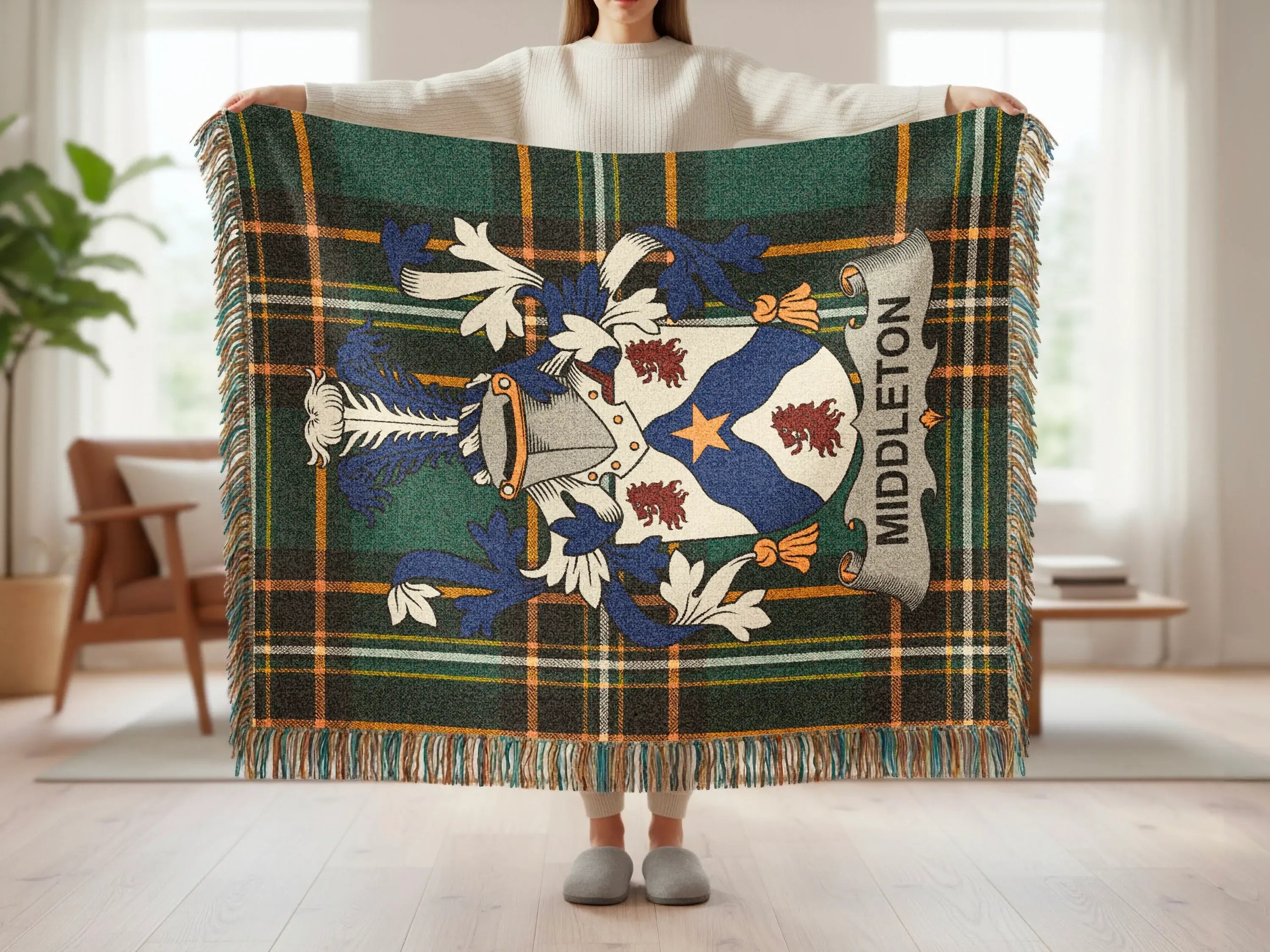 Tartan plaid blanket with a crest displaying "Middleton" text.
