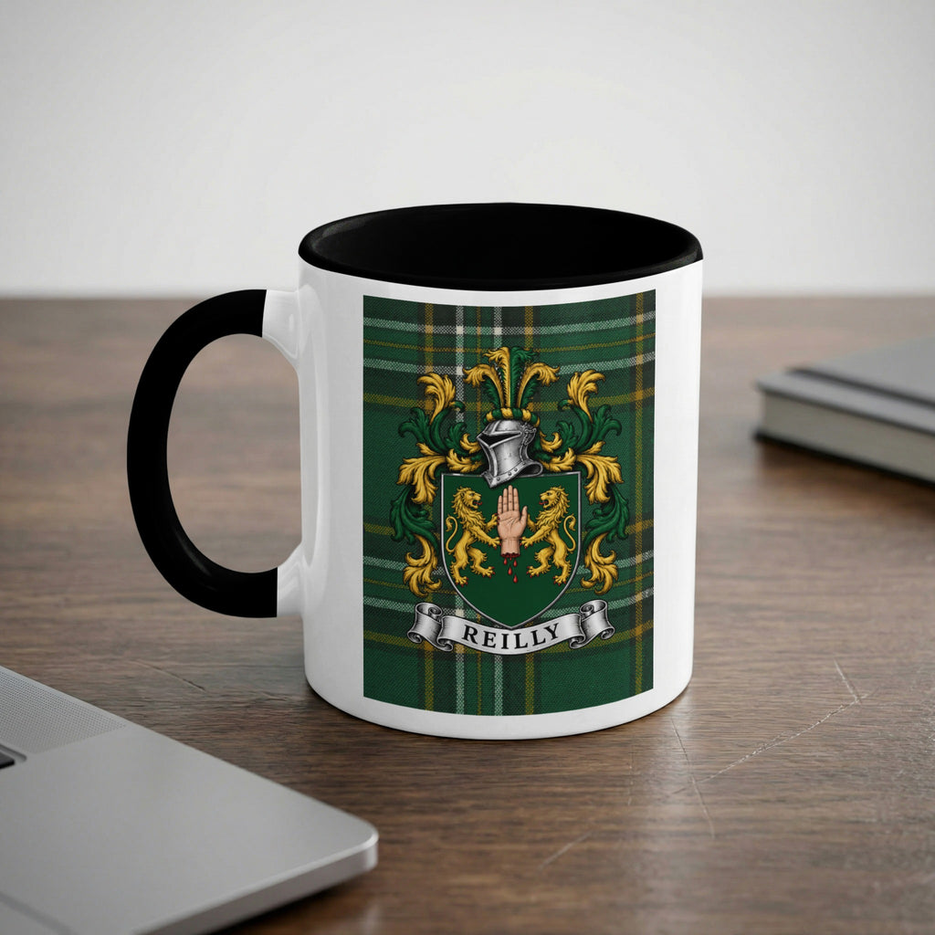Reilly Irish family crest 11 oz ceramic mug with black handle, rim and Irish National Tartan