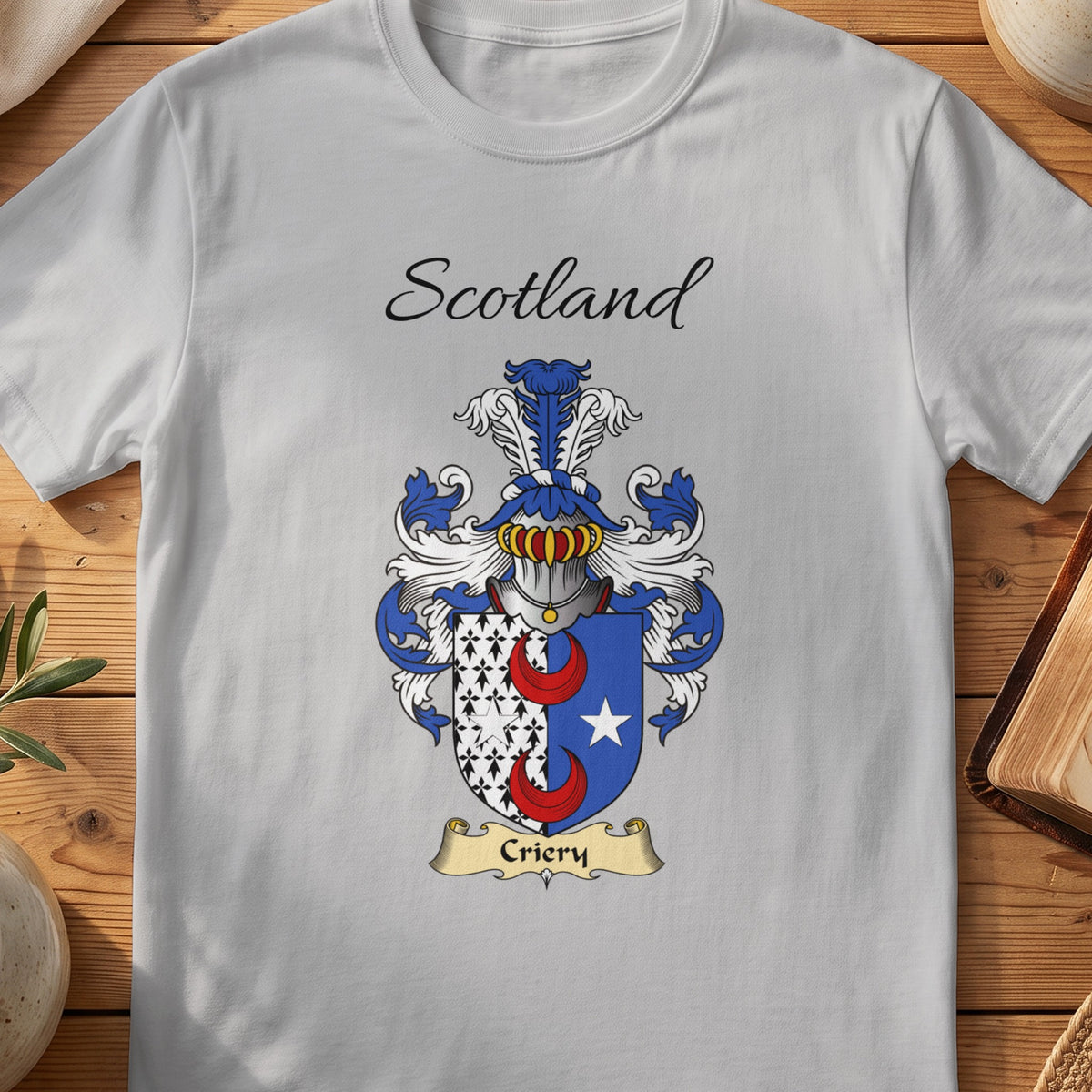 Sport Grey Criery Scottish family shield T-shirt featuring red crescents beside a white patterned panel