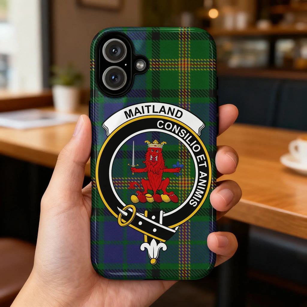 Clan Maitland tartan phone case on Samsung — full-colour crest wrap, impact-resistant glossy build