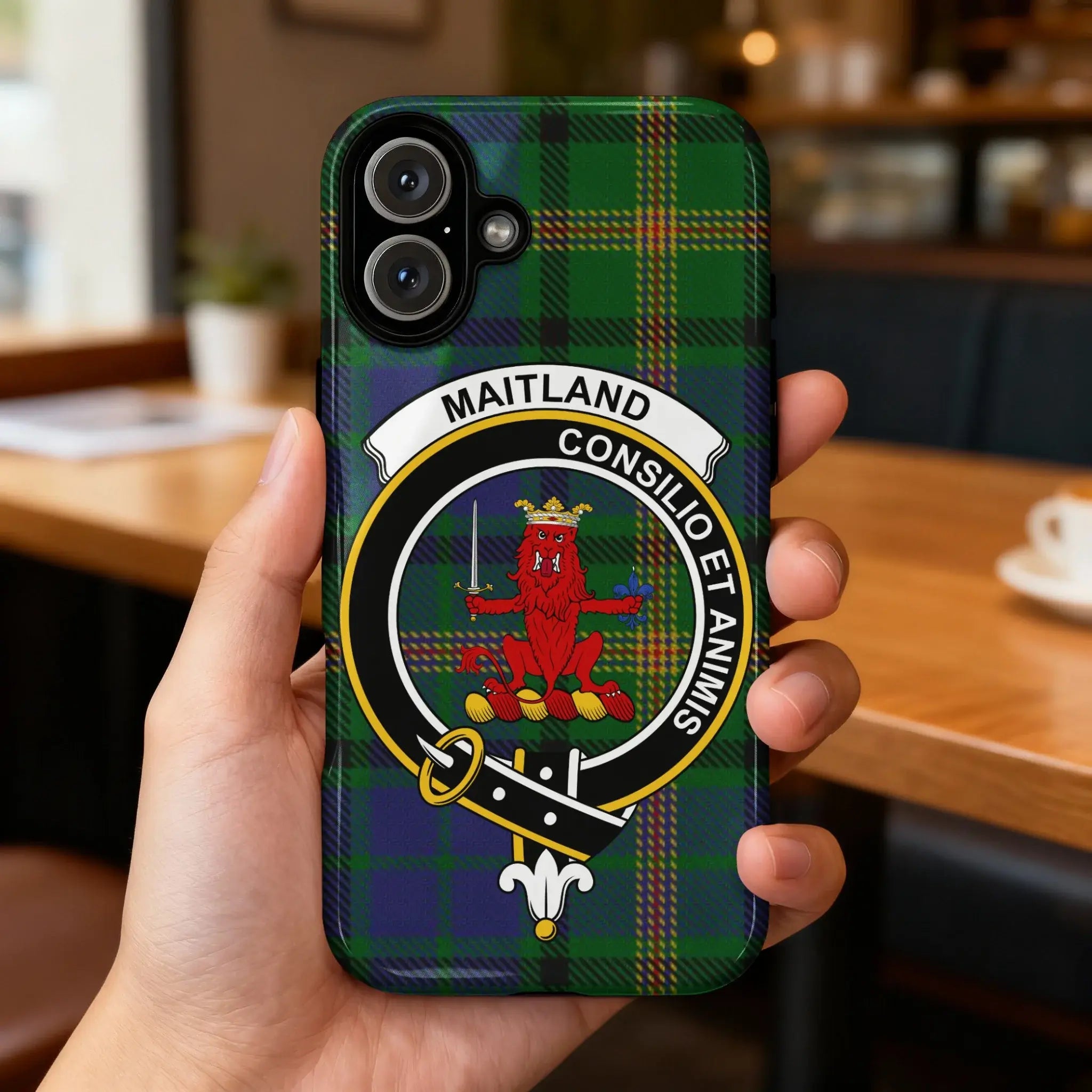 Clan Maitland tartan phone case on Samsung — full-colour crest wrap, impact-resistant glossy build