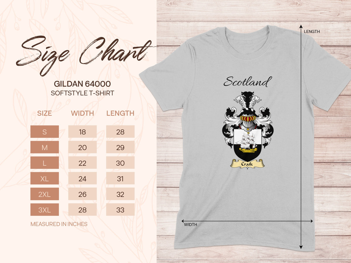 Gildan 64000 size chart for the Craik unisex T-shirt, sizes S to 3XL