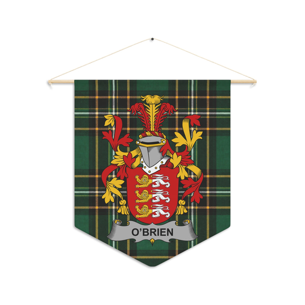 O'BRIEN crest on a green tartan pennant banner hanging from a wooden rod.