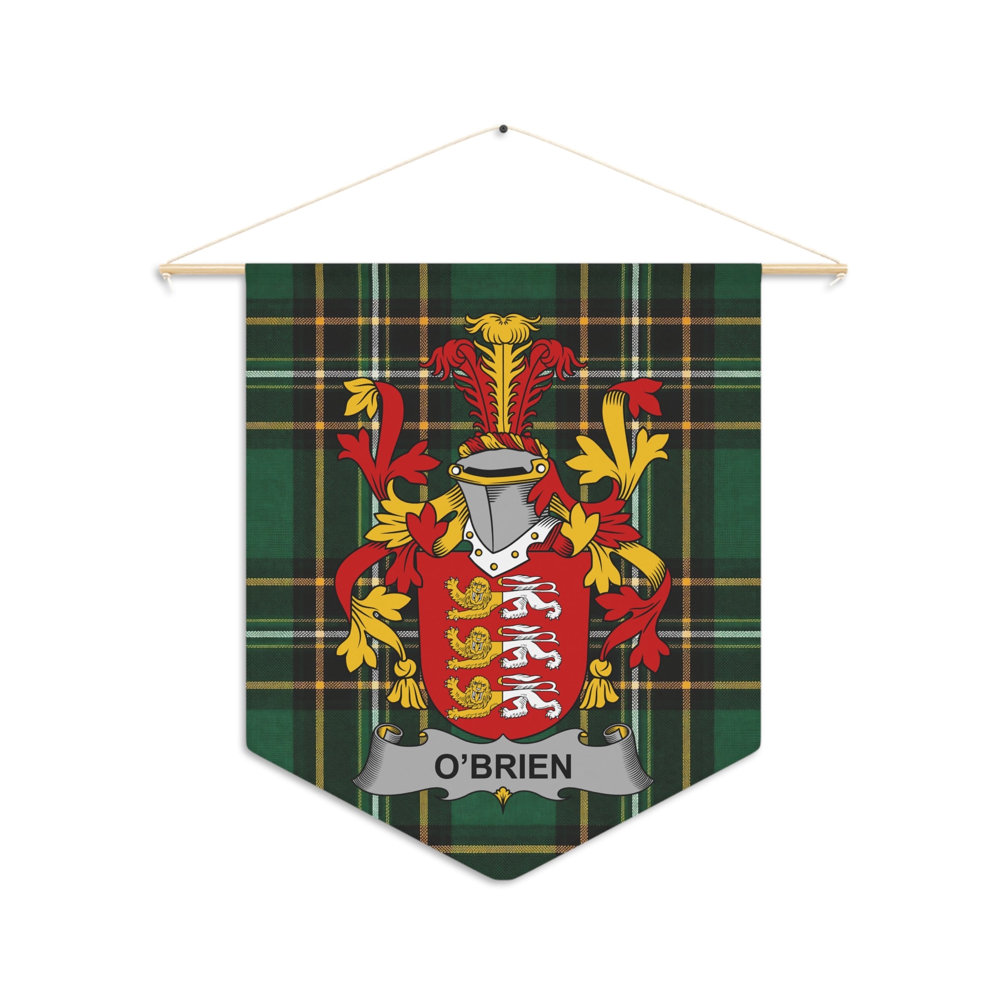O'BRIEN crest on a green tartan pennant banner hanging from a wooden rod.