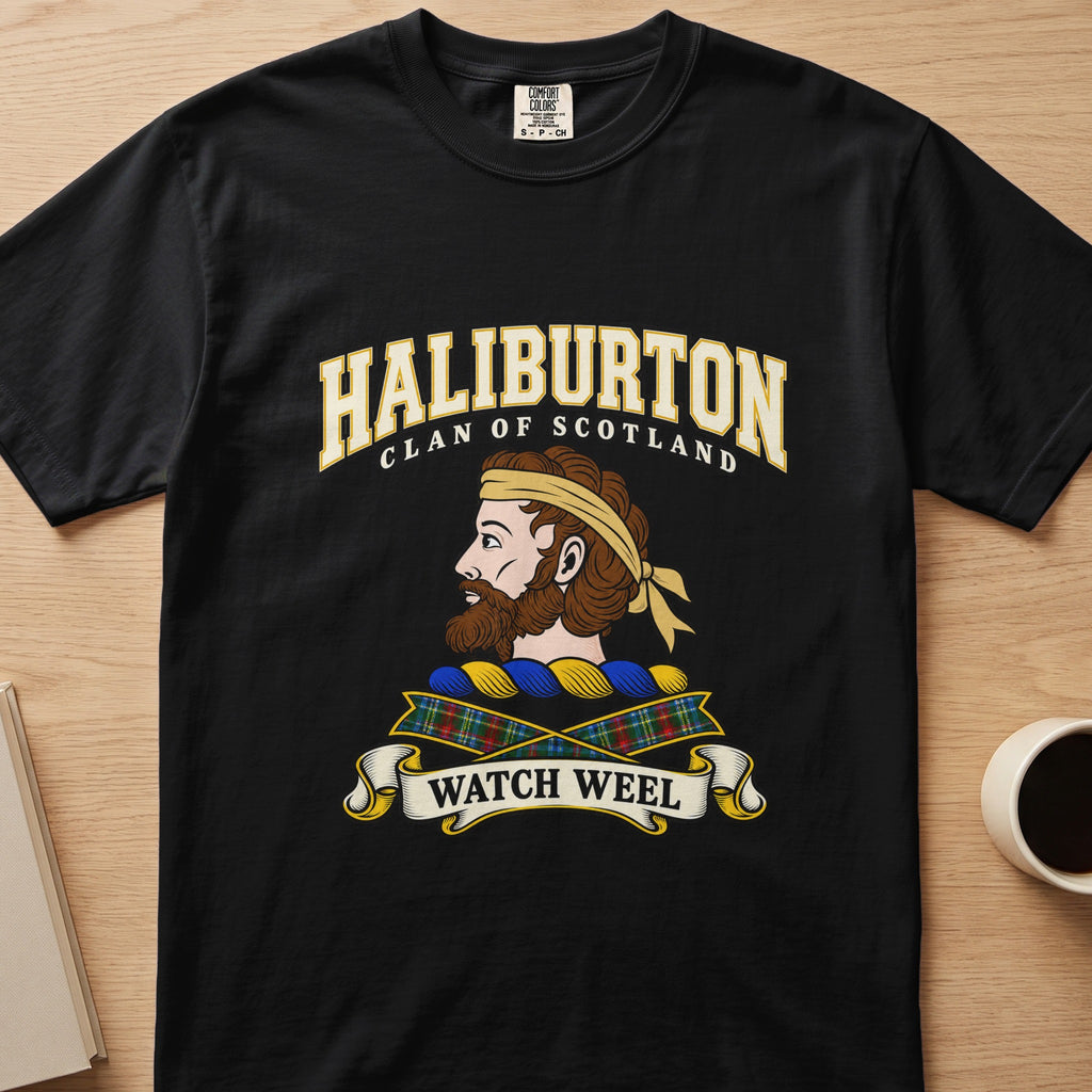 Haliburton clan T-shirt in black, front view with bearded head with a gold headband