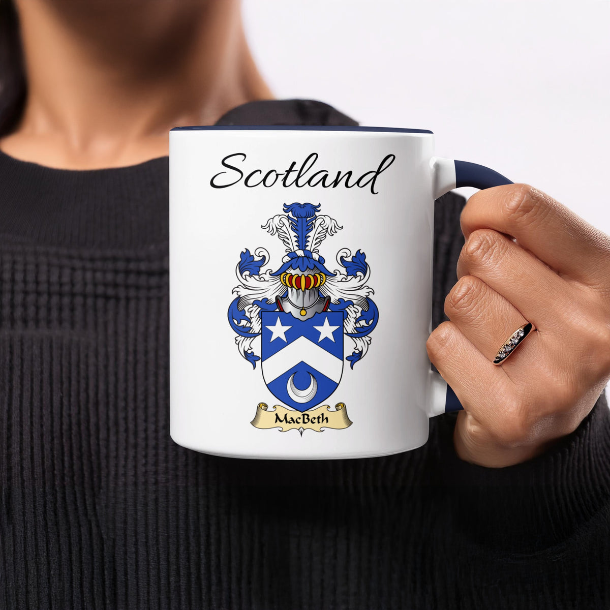 MacBeth 11 oz Scottish family crest ceramic mug showing a Scotland-topped heraldic emblem