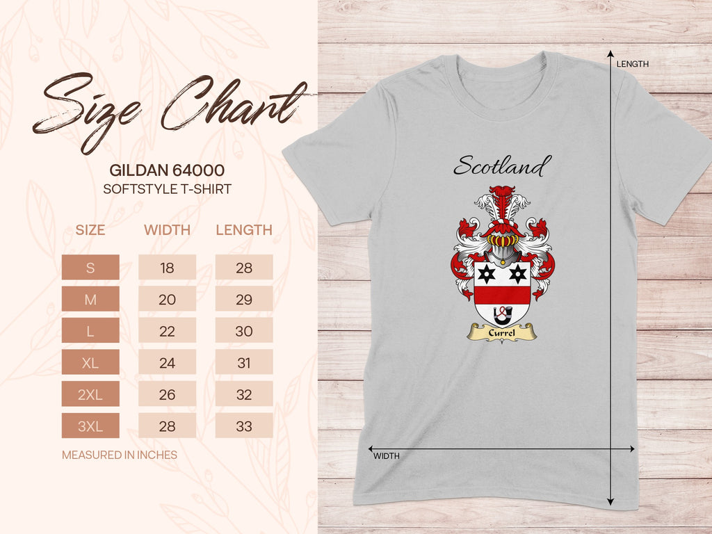 Gildan 64000 size chart for the Currel unisex T-shirt, sizes S to 3XL