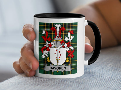 White mug with black handle and plaid design featuring Davoren coat of arms.
