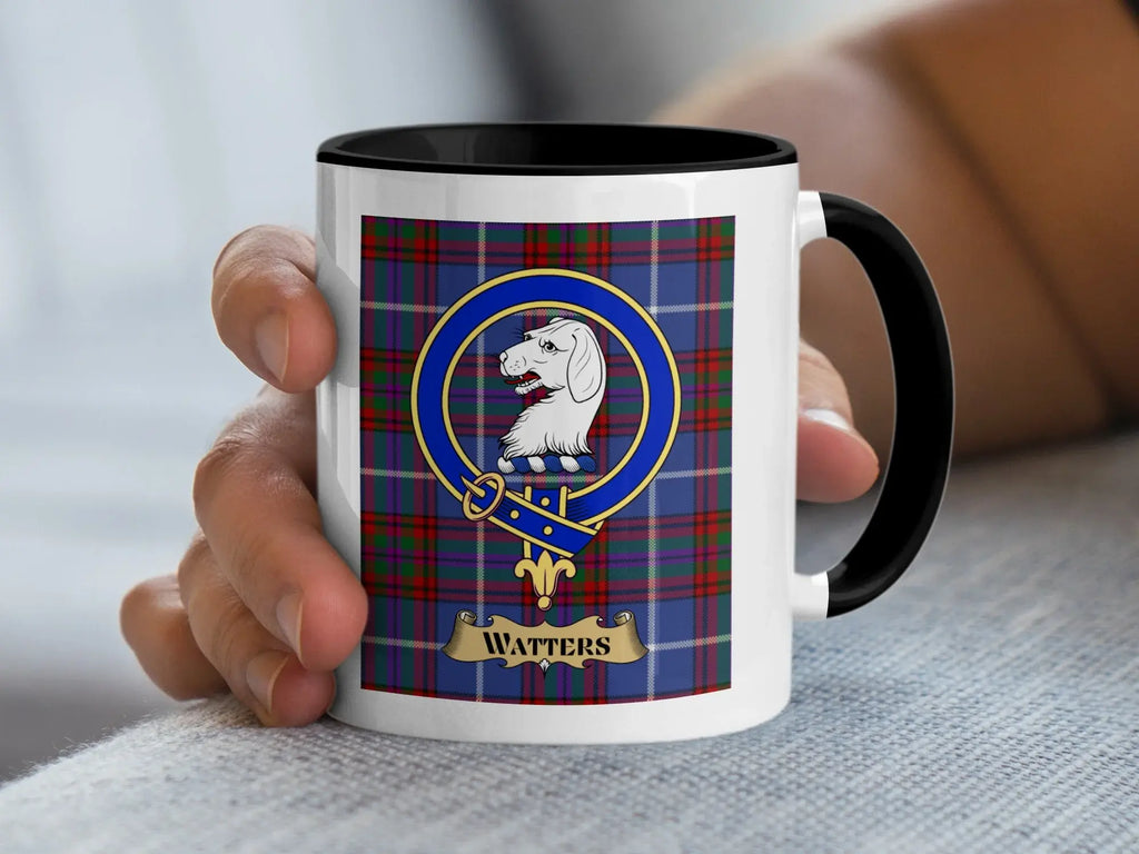 Watters tartan mug with a coloured accent handle and interior