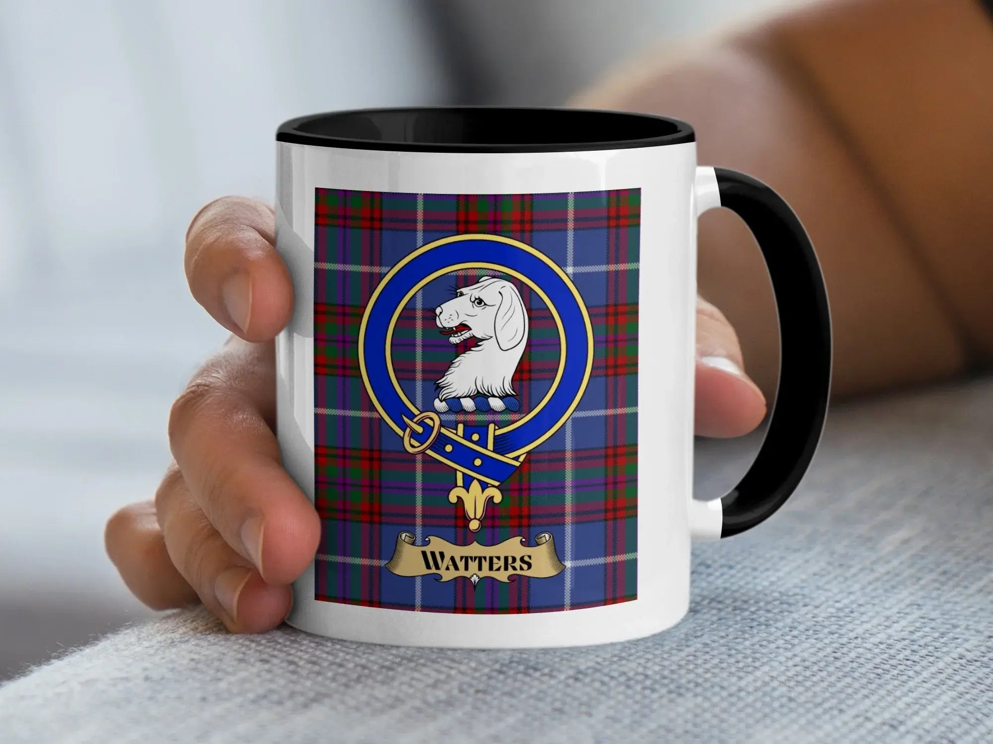 Watters tartan mug with a coloured accent handle and interior