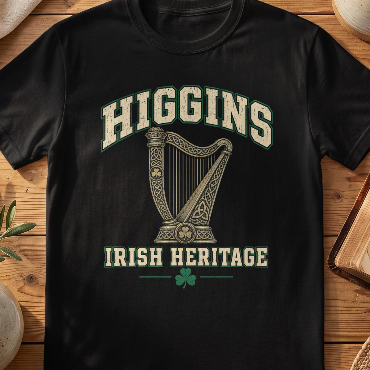 Higgins Irish Heritage black Gildan 64000 T-shirt with Celtic harp design