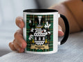 Higgins family crest Irish heritage mug on green Irish National Tartan