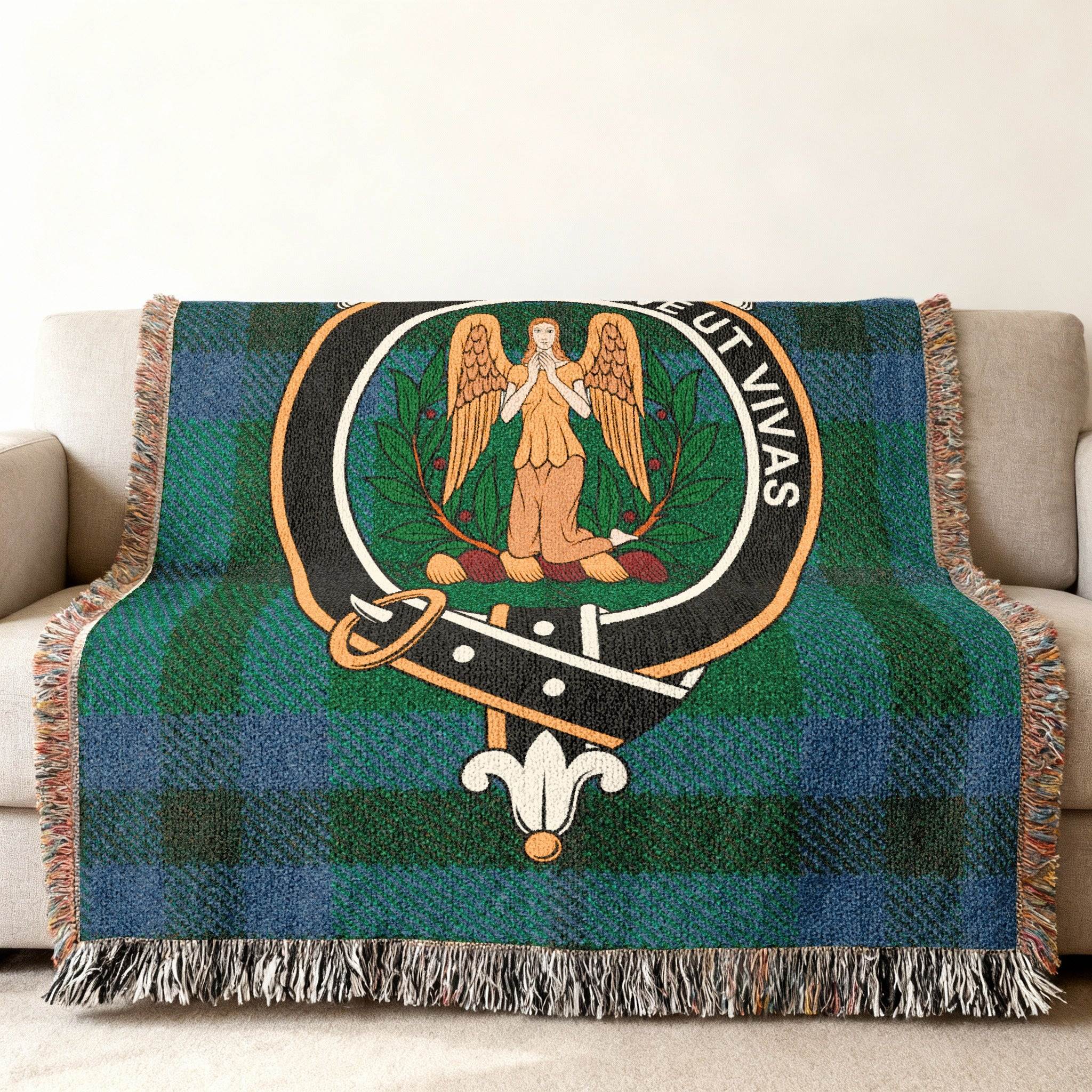 Clan Falconer woven blanket size comparison — three size options, 52x37 through 80x60