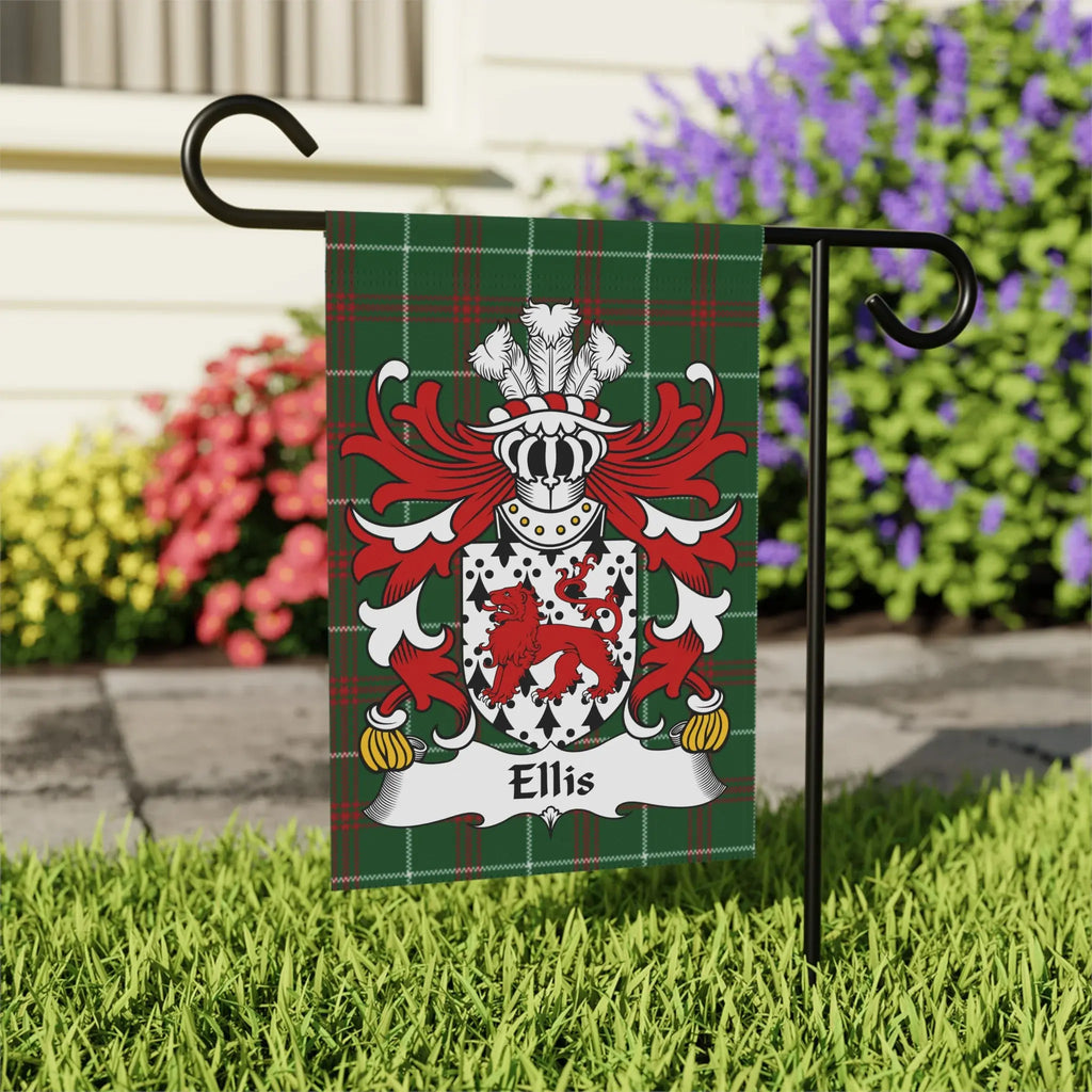 Green plaid garden flag featuring the Ellis family crest with a white banner.