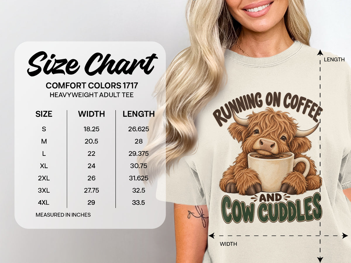 Comfort Colors 1717 size chart, S–4XL, for the Running on Coffee & Cow Cuddles Highland cow T-shirt